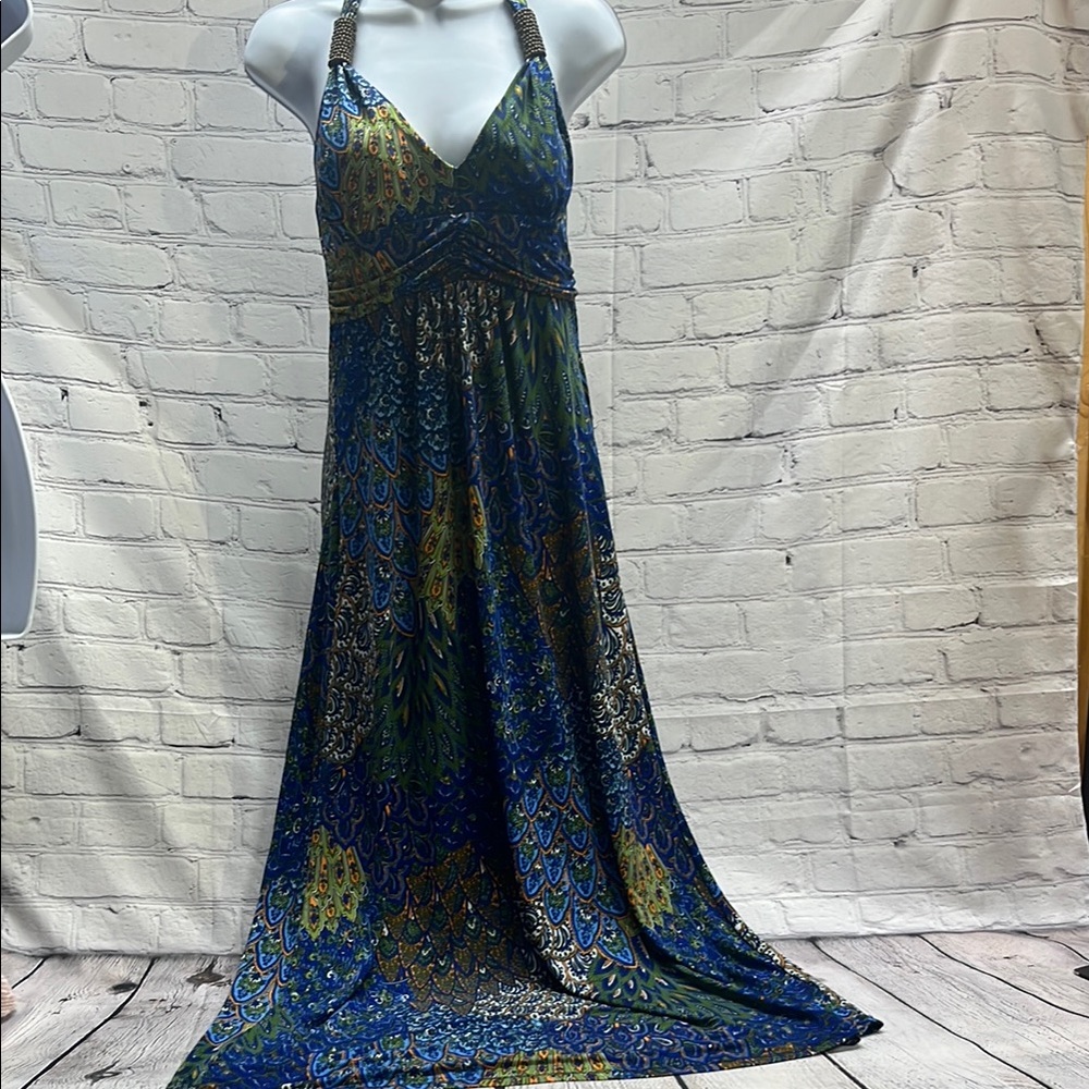 West Loop Blue and Black Ruched Maxi Dress